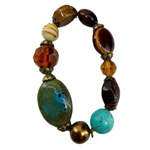 Chunky Boho Statement Bracelet Green Blue Resin Beads Stretch‎ Gorgeous NWOT